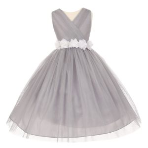 Big Flowers 8-14 Junior-Brautjungfernkleid – Chiffon, Silber, Tüll, Mädchen, Weiß