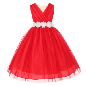 Rot-weißes Blumenmädchenkleid aus Tüll mit Chiffon-Blumenbindegürtel, Größen 2–6
