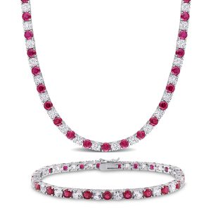Mimi & Max Set aus Halskette und Armband mit synthetischen Rubinen und weißen Saphiren aus Sterlingsilber, 47 1/2 ct TGW