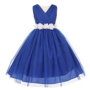 Royalblau-weißes Blumenmädchenkleid aus Tüll mit Chiffon-Blumenbindegürtel, Größen 2–6