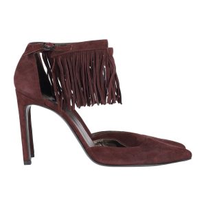 Stuart Weitzman Fringelica Absatzschuhe mit Knöchelriemchen aus burgunderfarbenem Veloursleder