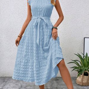 Midikleid mit Bindebändern, Rüschen und kurzen angeschnittenen Ärmeln