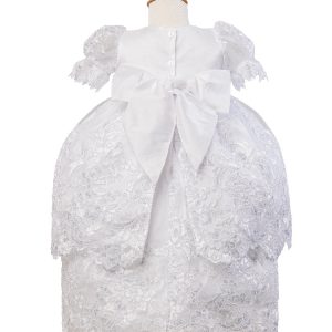 Weißes dreiteiliges Mädchen-Taufkleid-Set mit Puffärmeln und Haube, Größen 2–3