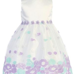 Elfenbein-fliederfarbenes Baby-Mädchen-Blumenmädchenkleid aus Satin und Tüll, 3–24 Monate