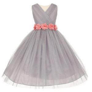 Big Flowers 8-14 Junior-Brautjungfernkleid – Chiffon, Silber, Tüll, Mädchen, Rosa