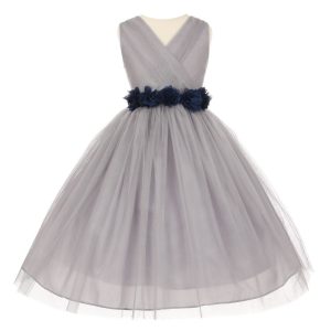 Big Flowers 8-14 Junior-Brautjungfernkleid – Chiffon, Silber, Tüll, Mädchen, Marineblau