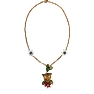 Dolce & Gabbana auffällige Damen-Halskette aus Messing mit Leopard- und Blumenverzierung, gebraucht