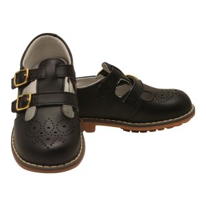 Schwarze Unisex-Leder-Mary-Jane-Schuhe mit doppeltem T-Riemen und Schnallen, Kleinkindgröße 5 bis Kindergröße 2