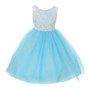 Aquafarbenes ärmelloses Mädchen-Osterkleid aus Spitze und Tüll, Größen 2–6