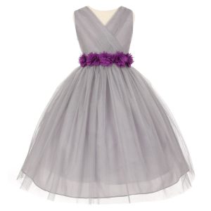 Big Flowers 8-14 Junior-Brautjungfernkleid – Chiffon, Silber, Lila, Tüll, Mädchen
