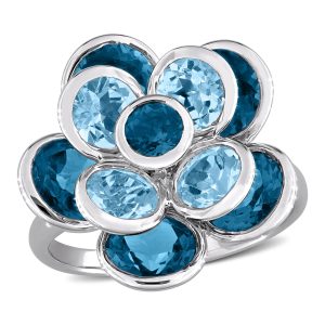 Mimi & Max Blumenring mit London-Blue- und Sky-Blue-Topasen aus Sterlingsilber, 7 1/3 ct TGW