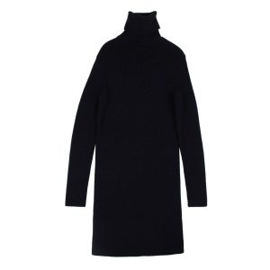 Marineblaues Strick-Midikleid mit Rollkragen