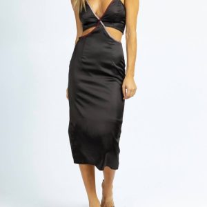 Satin-Midikleid mit Kontrastbesatz in Schwarz