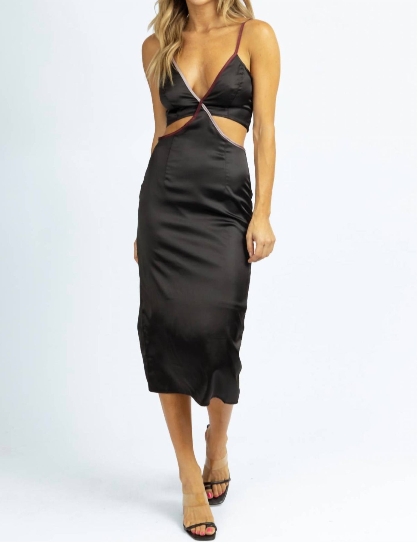 Satin-Midikleid mit Kontrastbesatz in Schwarz