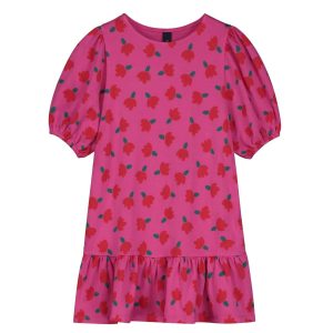 Mädchenkleid mit Ballonärmeln und Blumenmuster – Himbeere – 7733747449916