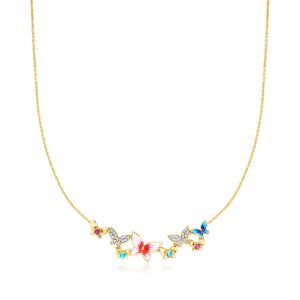 Ross-Simons Schmetterlingshalskette mit verschiedenen Edelsteinen und mehrfarbigem Emaille aus mit 18 kt Gold vergoldetem Sterlingsilber, 18 Zoll