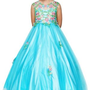 Aqua-rosa Blumenmädchenkleid aus Spitze und Tüll mit Blumenstickerei, Größen 4–6