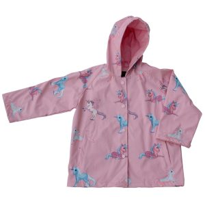 Gefütterter Mädchen-Regenmantel mit Kapuze und Einhornmuster – Rosa/Blau, Größen 8–10