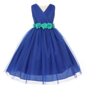 Royalblau-jadefarbenes Blumenmädchenkleid aus Tüll mit Chiffon-Blumenbindegürtel, Größen 2–6