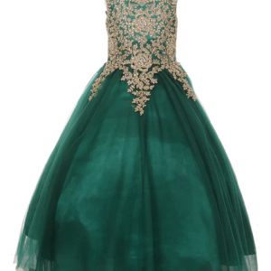 Goldfarbenes Blumenmädchenkleid mit Strass-Kordelverzierung und transparentem Ausschnitt, Größen 4–16