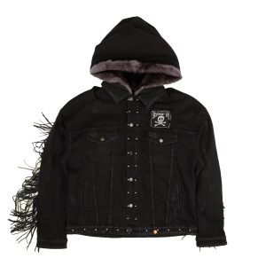 Fleetwood Jeans-Truckerjacke mit Fell und Kapuze in Schwarz