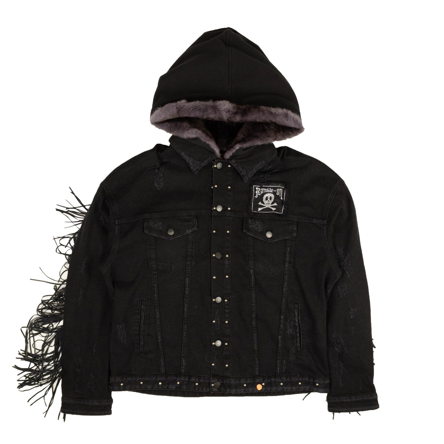 Fleetwood Jeans-Truckerjacke mit Fell und Kapuze in Schwarz