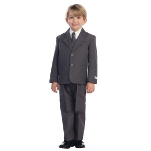 Anthrazitfarbener fünfteiliger Baby-Jungen-Anzug mit einreihiger Jacke, Weste, Hemd, Krawatte und Hose, 6–24 Monate