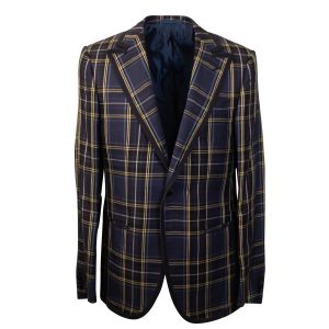 Marineblauer karierter einreihiger Blazer aus Seide und Leinen
