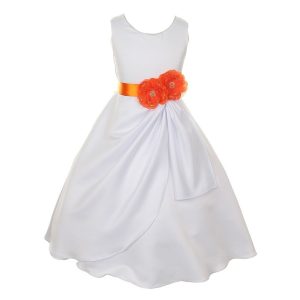Festliches Mädchenkleid aus mattem Satin mit Paillettenblumen – Weiß/Orange, 2–6