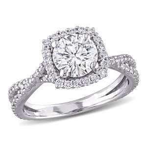 Mimi & Max 1 1/2ct DEW Crossover 10k Verlobungsring – synthetischer Moissanit, Weißgold, eckige Form, Halo-Besatz