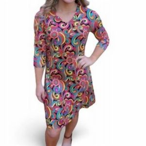 Kleid – Blumenmuster, V-Ausschnitt, mehrfarbig, Schwarz