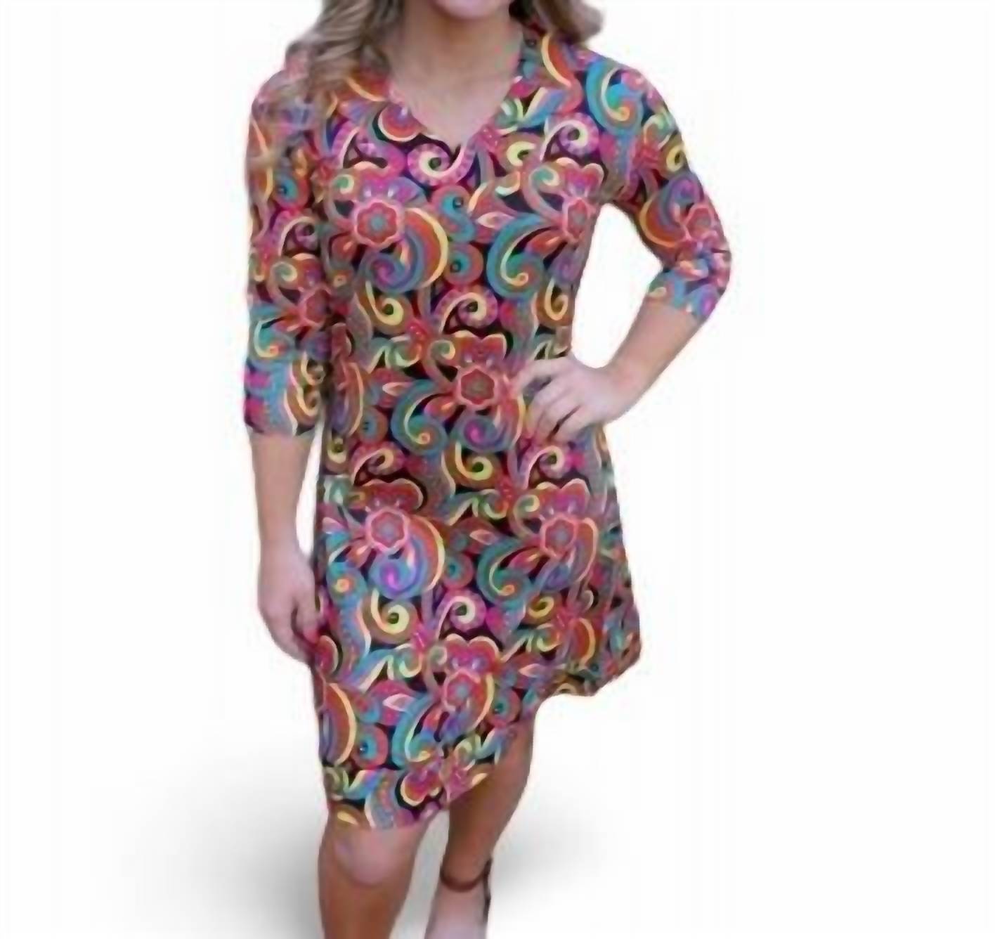 Kleid – Blumenmuster, V-Ausschnitt, mehrfarbig, Schwarz