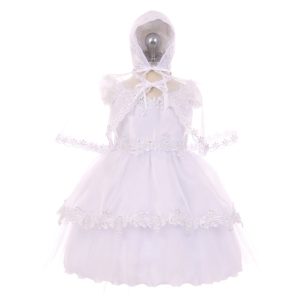 RainKids weißes schulterfreies Baby-Mädchen-Taufkleid mit Haube und Cape, 3–24 Monate