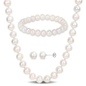 Mimi & Max Set aus Halskette, Ohrringen und Armband mit Süßwasser-Zuchtperlen, 7,5–8 mm