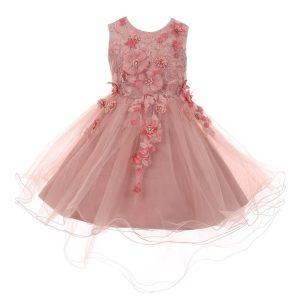 Altrosa Blumenmädchenkleid aus Tüll mit 3-D-Blumenapplikationen und Vokuhila-Saum, Größen 2–6