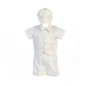 Swea Pea Lilli weißes Baby-Jungen-Taufoutfit aus Rauten-Jacquard mit Shorts und Hut, 0–24 Monate