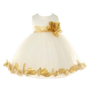 Baby-Blumenmädchenkleid aus Satin und Tüll mit Blütenblattverzierung – Elfenbein/Goldfarben, 6–24 Monate