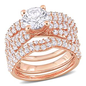 Mimi & Max Brautring-Set aus roséfarbenem Silber mit synthetischen weißen Saphiren – 4 1/5 ct TGW