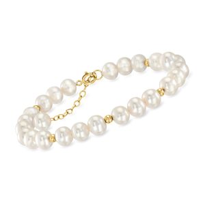 Ross-Simons Station-Armband mit 6,5–7 mm Zuchtperlen und Goldperlen aus 14-karätigem Gelbgold