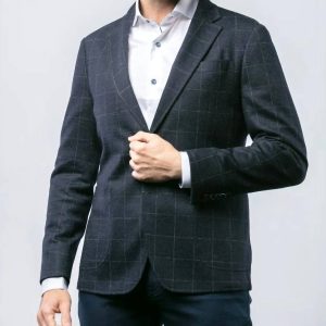Marineblaue Jacke mit kobaltblauem Fensterkaromuster