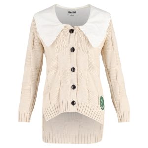 Ganni Strickjacke – Kragen, Baumwolle, Creme, Seilstruktur