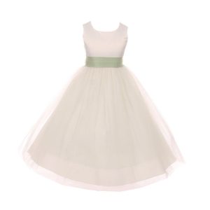 Elfenbein-salbeifarbenes Kleid für junge Brautjungfern aus Tüll mit Satinbindegürtel, Größen 8–14