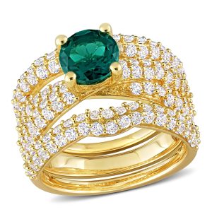 Mimi & Max 3 3/4ct TGW Brautring-Set – synthetischer weißer Saphir, synthetischer Smaragd, Silber, Gelb