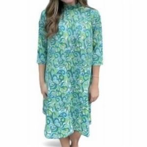 Kleid – Wirbelmuster, Stehkragen, Grün, Blau