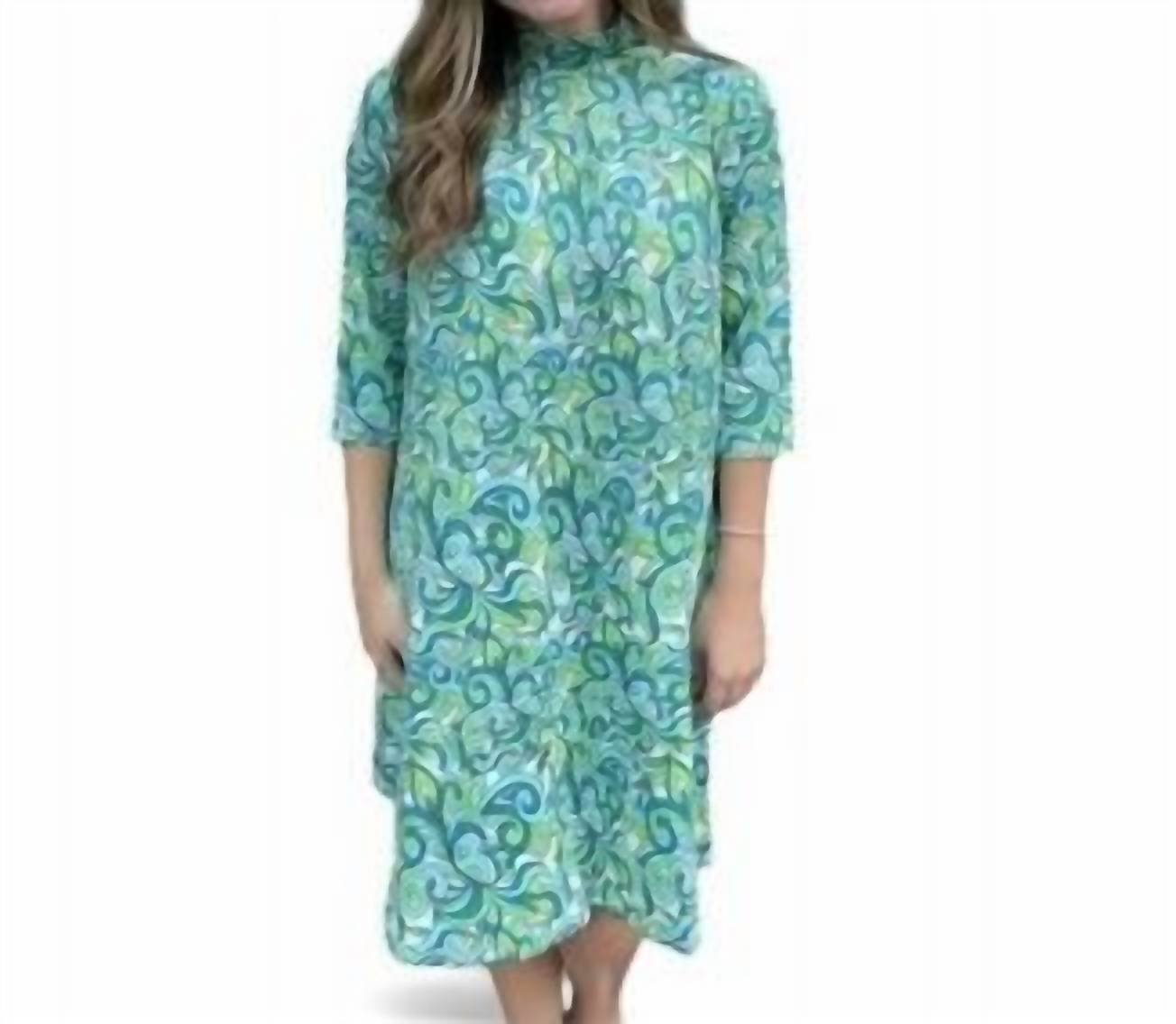 Kleid – Wirbelmuster, Stehkragen, Grün, Blau