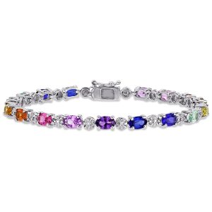 Mimi & Max Tennisarmband mit mehrfarbigen synthetischen Saphiren und Diamantakzent aus Sterlingsilber, 9 7/8 ct TGW