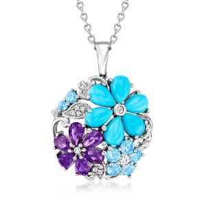 Ross-Simons Halskette aus Sterlingsilber mit Blumenanhänger, Türkis und verschiedenen Edelsteinen