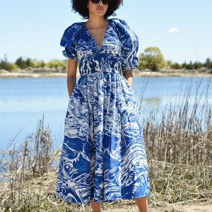 Midikleid aus Taft mit blauem Druck