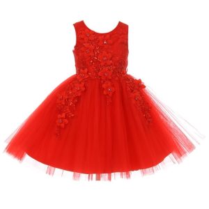 Rotes Blumenmädchenkleid aus weichem Tüll mit 3-D-Blumenapplikationen, Größen 2–6
