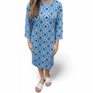 /khaki Kleid – geometrisches Muster, Blau